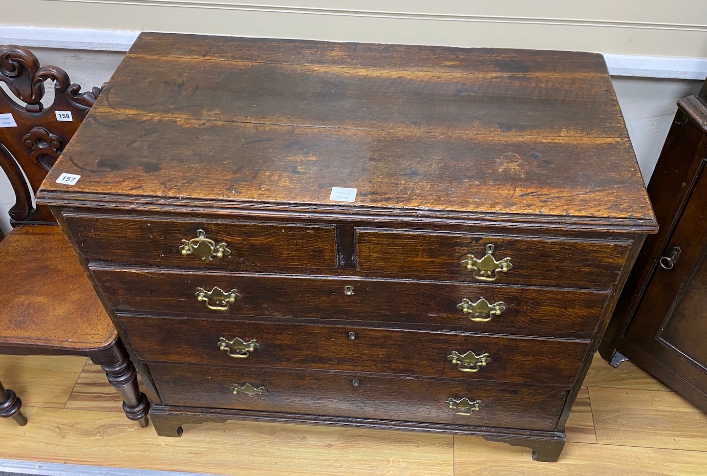 A late 18th century provincial oak chest of drawers, width 99cm, depth 48cm, height 88cm